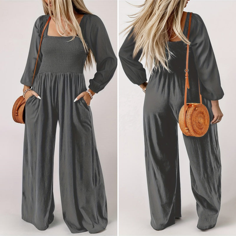 Women's Casual Long Sleeve Wide Leg Pants Jumpsuit