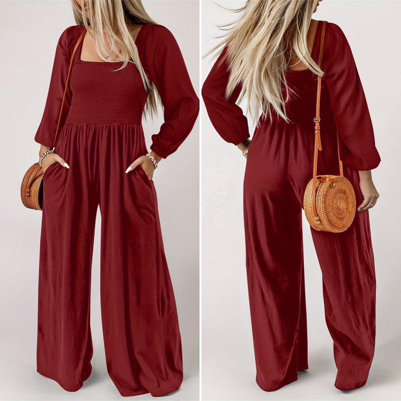 Women's Casual Long Sleeve Wide Leg Pants Jumpsuit