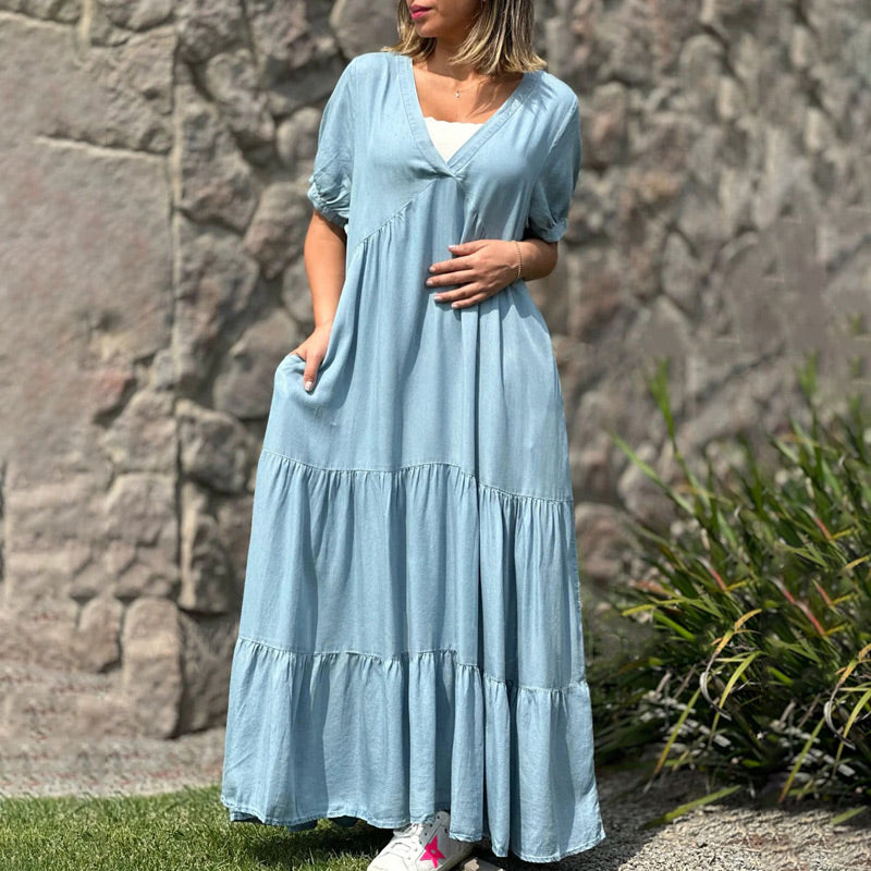 🌸Spring Specials💐 Loose V-neck Tiered Faux Denim Dress