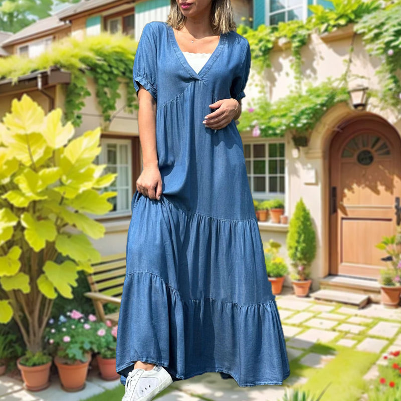 🌸Spring Specials💐 Loose V-neck Tiered Faux Denim Dress