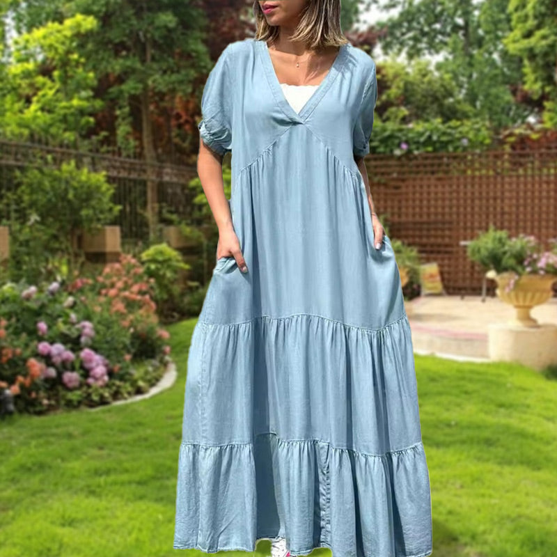 🌸Spring Specials💐 Loose V-neck Tiered Faux Denim Dress