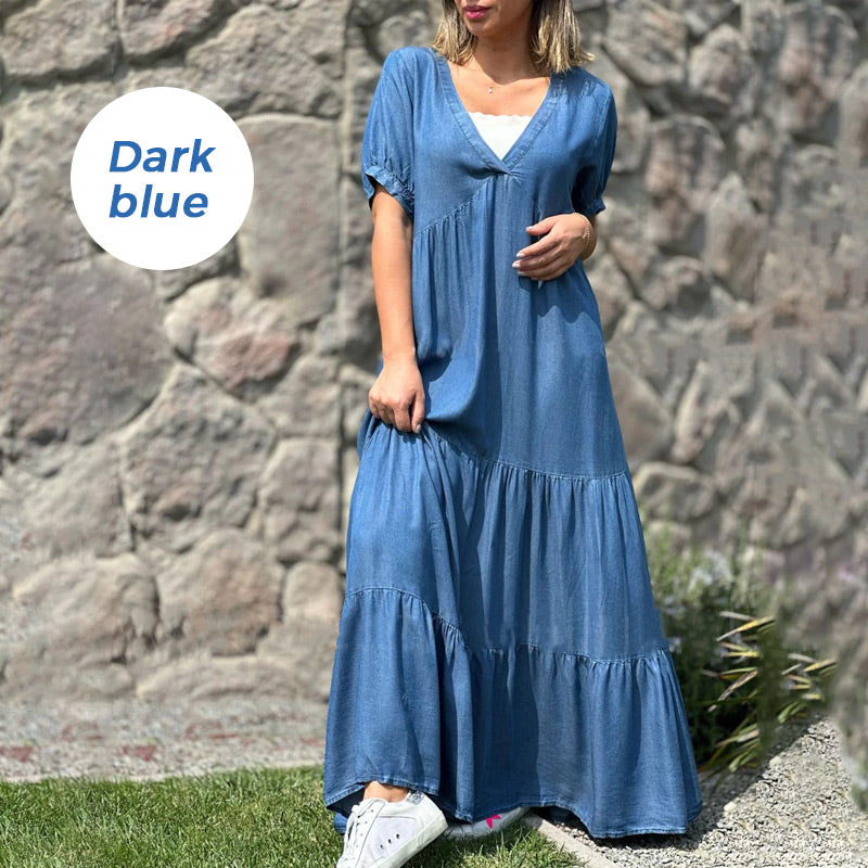 🌸Spring Specials💐 Loose V-neck Tiered Faux Denim Dress