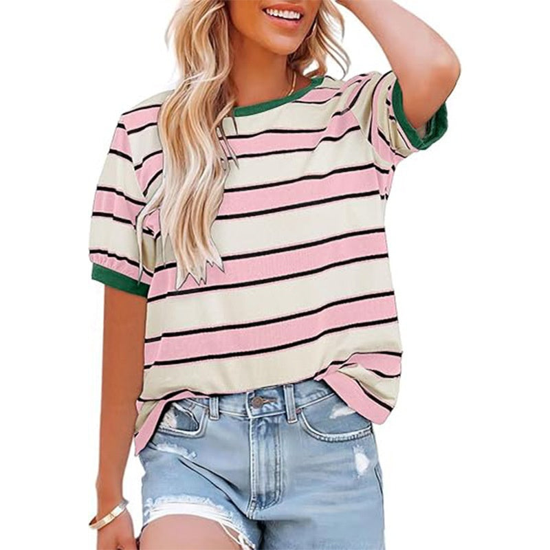 Women's Casual Striped Color Block T-Shirt