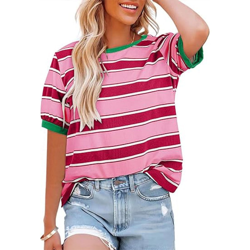 Women's Casual Striped Color Block T-Shirt