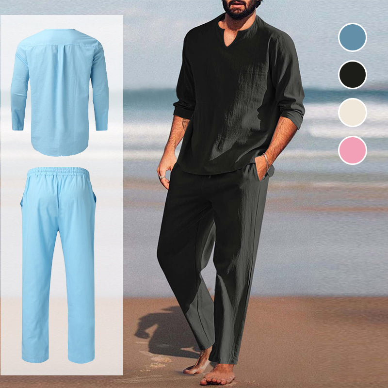 Men's Solid V-Neck Top & Pants 2-Piece Set