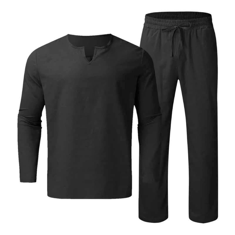 Men's Solid V-Neck Top & Pants 2-Piece Set