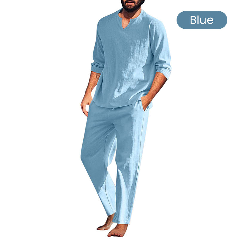 Men's Solid V-Neck Top & Pants 2-Piece Set