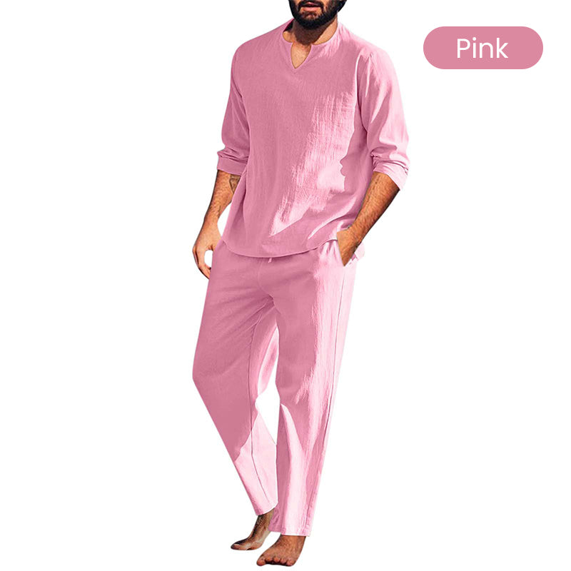 Men's Solid V-Neck Top & Pants 2-Piece Set