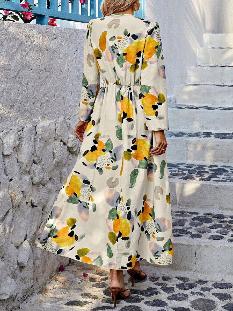 LUNE Random Print Deep V-Neck Lantern Sleeve Gathered Waist Dress