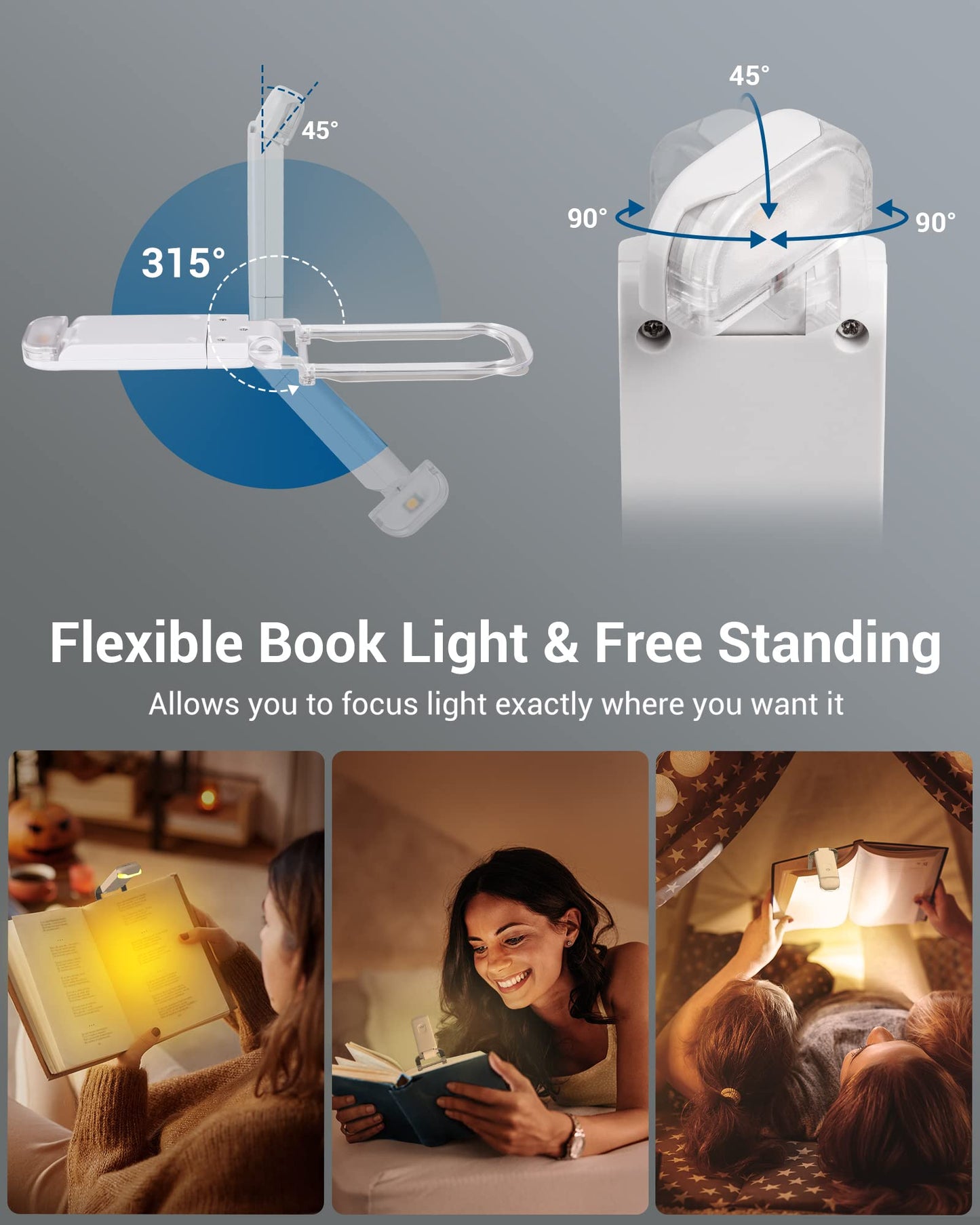 📖USB rechargeable book LED light with clip for reading in bed