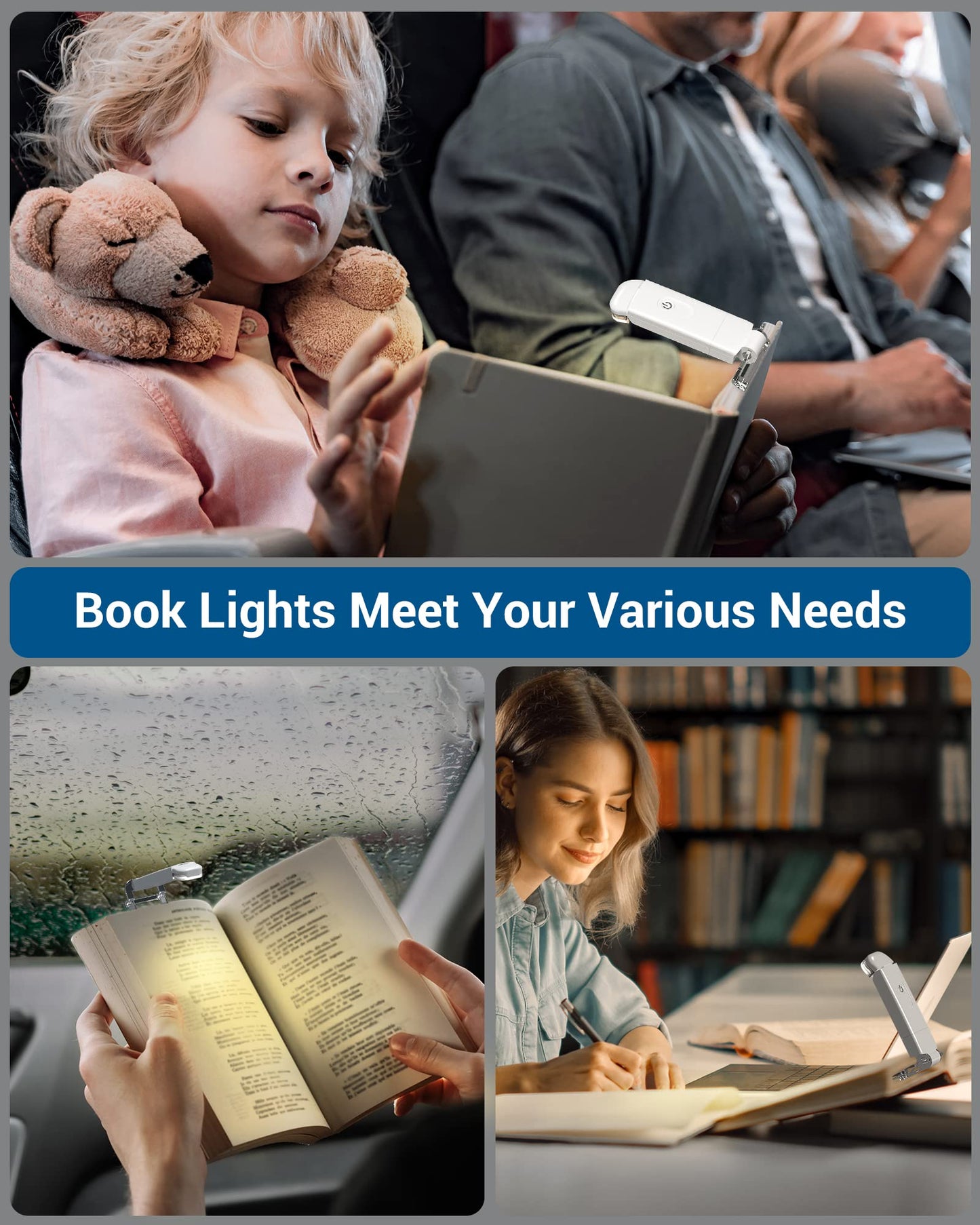 📖USB rechargeable book LED light with clip for reading in bed
