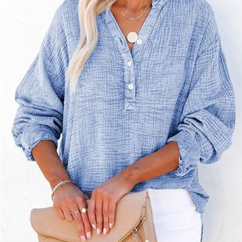 🔥Last Day Sale 50%💖Women’s Casual Gauze Button Neck Long Sleeve Blouse