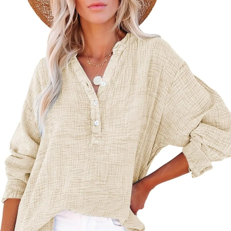 🔥Last Day Sale 50%💖Women’s Casual Gauze Button Neck Long Sleeve Blouse
