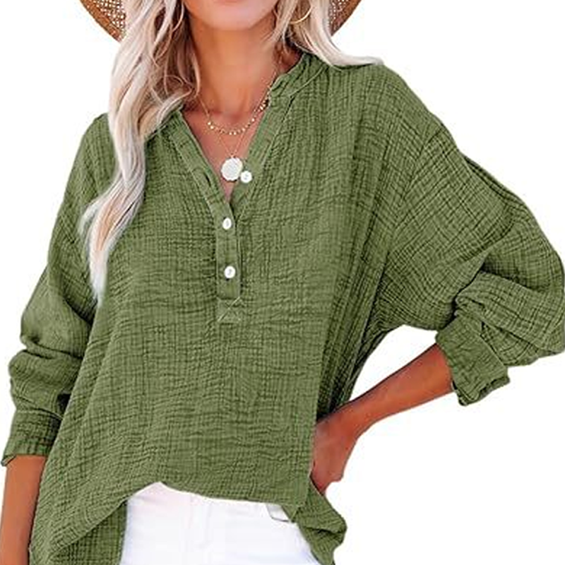 🔥Last Day Sale 50%💖Women’s Casual Gauze Button Neck Long Sleeve Blouse