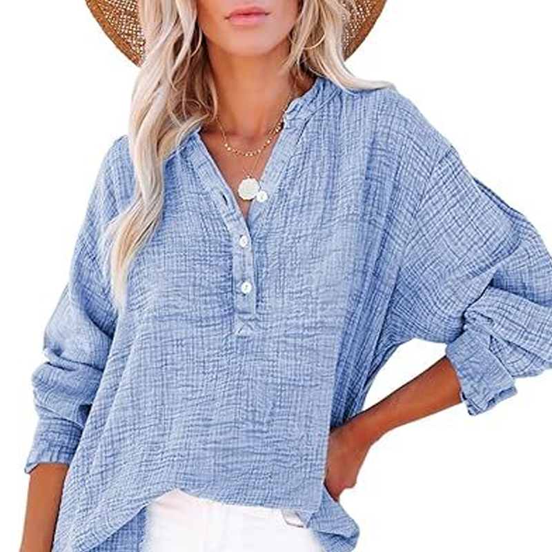 🔥Last Day Sale 50%💖Women’s Casual Gauze Button Neck Long Sleeve Blouse