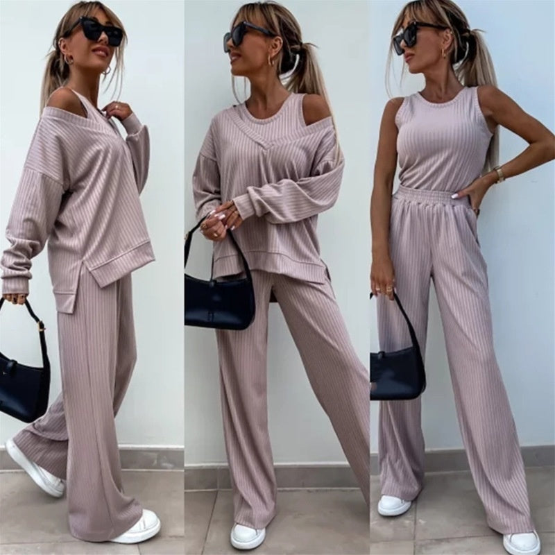 Women's Solid Color Vest & V-Neck Long Sleeve Top & Pants 3-Piece Set