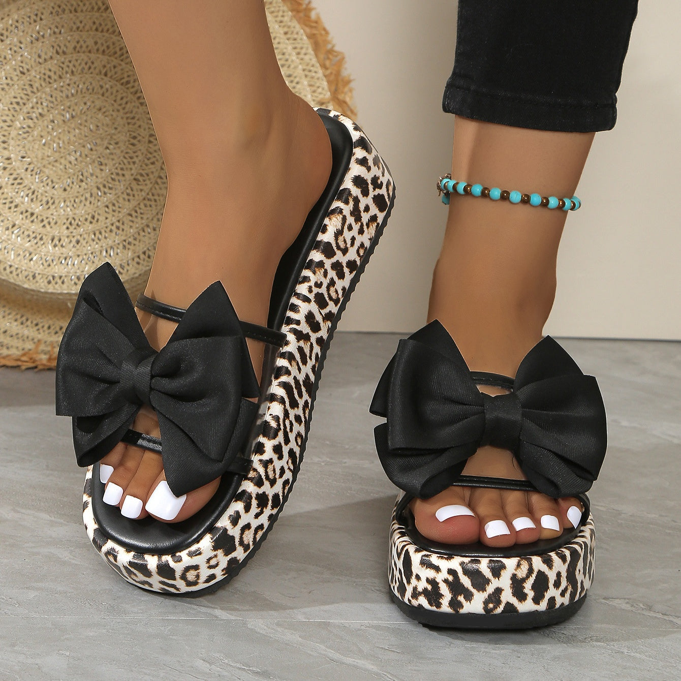 🏖️Sommerschlussverkauf 50% discount👡slip-on shoes with leopard print, bow and thick sole