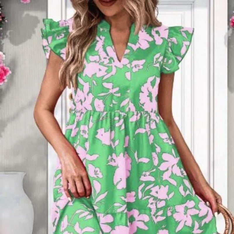 🌺Summer Hot Sale 50% OFF🔥Ruffle Sleeve V-Neck Printed Dress