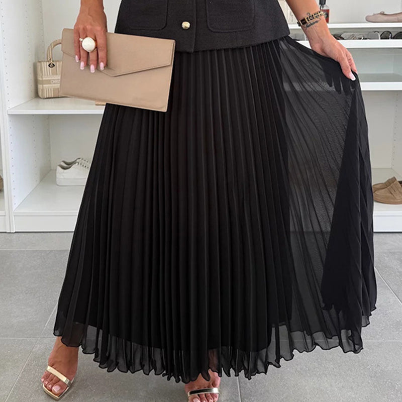 Women's Elegant Button-Down Sleeveless Tops & Pleated Skirt Set