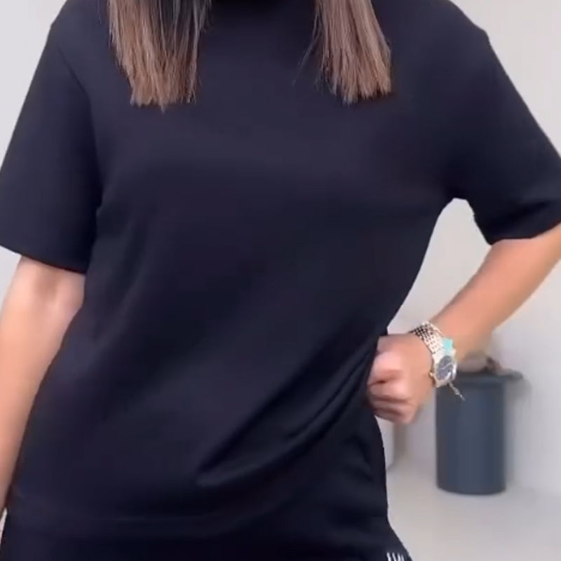 Effen Damesbovenstuk met Korte Mouwen & Broek Tweedelige Set
