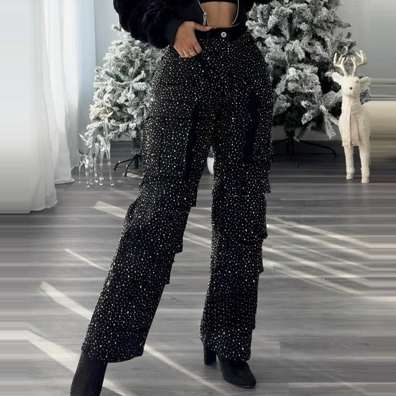 šWomen's Rhinestone Wide - Leg Pants with Pockets | Sparkle & Style
