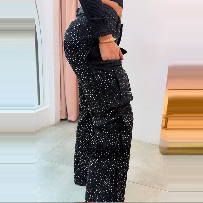 šWomen's Rhinestone Wide - Leg Pants with Pockets | Sparkle & Style