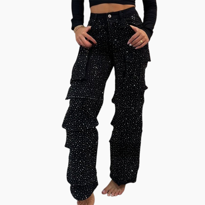 šWomen's Rhinestone Wide - Leg Pants with Pockets | Sparkle & Style