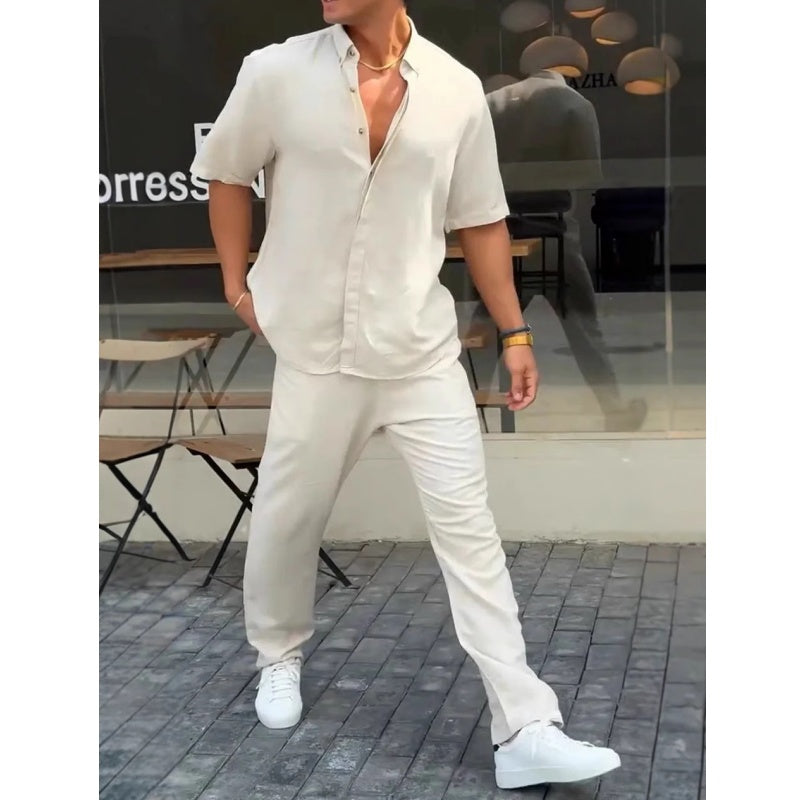 Men’s Solid Lapel Short-Sleeve Tops & Pants 2-Piece Set