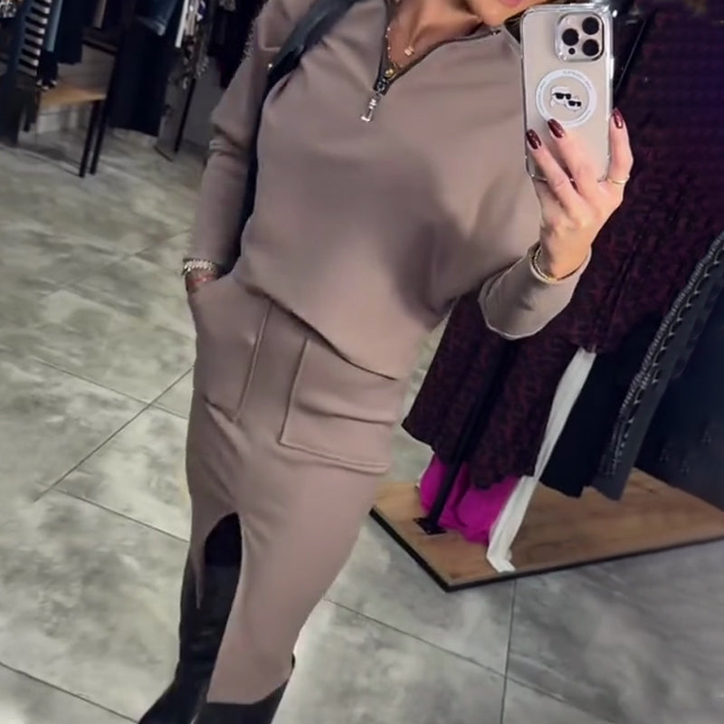 Women's Casual Half Zip Tops & Slit Skirt 2-Piece Set