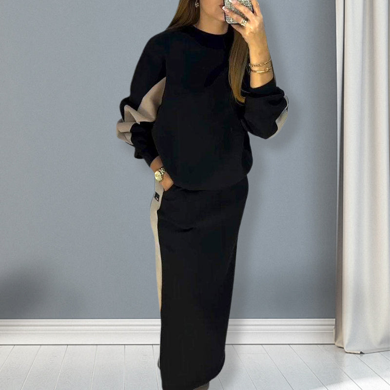 🧥Loose Color Block Long Sleeve Top & Split Skirt Set