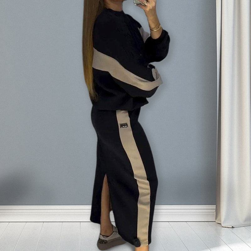 🧥Loose Color Block Long Sleeve Top & Split Skirt Set