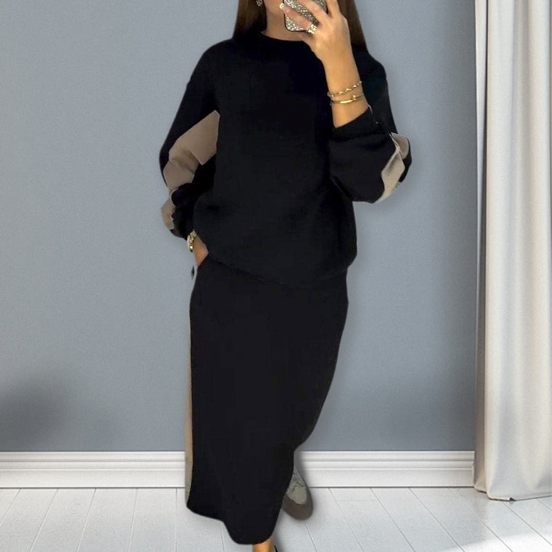 🧥Loose Color Block Long Sleeve Top & Split Skirt Set