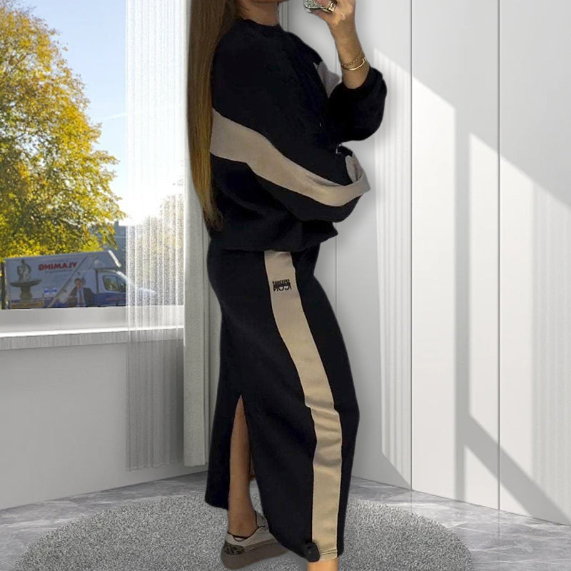 🧥Loose Color Block Long Sleeve Top & Split Skirt Set