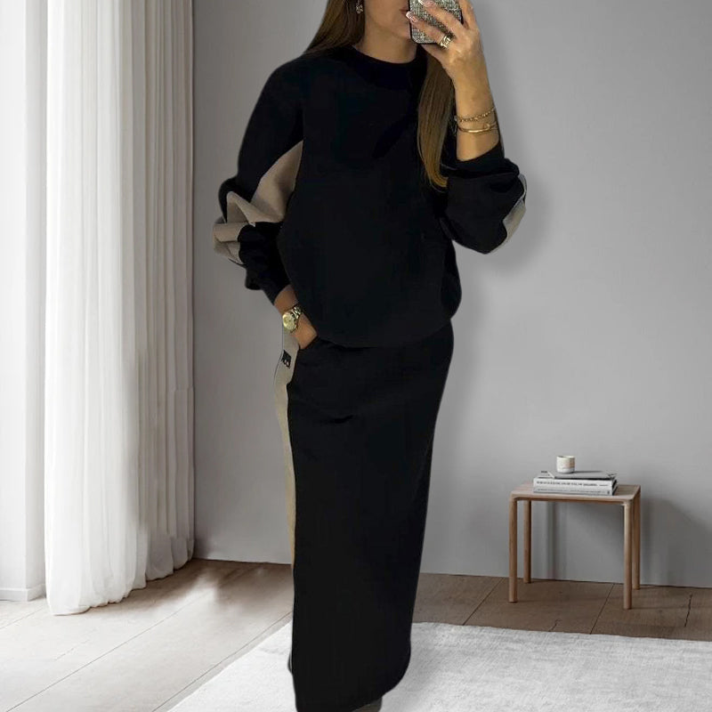 🧥Loose Color Block Long Sleeve Top & Split Skirt Set
