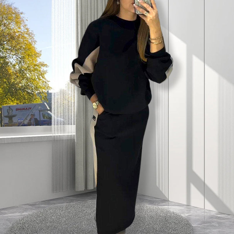 🧥Loose Color Block Long Sleeve Top & Split Skirt Set