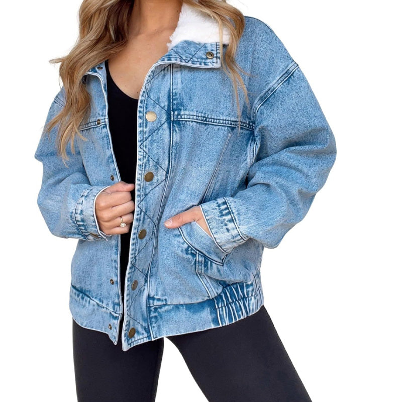 Denim Jacket with Plush Faux Fur Collar for Women