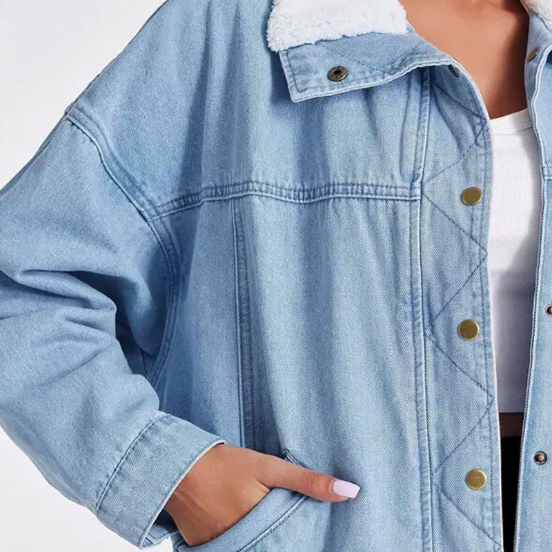 Denim Jacket with Plush Faux Fur Collar for Women