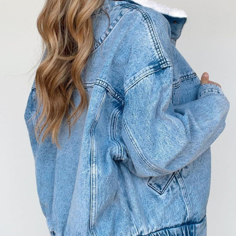 Denim Jacket with Plush Faux Fur Collar for Women