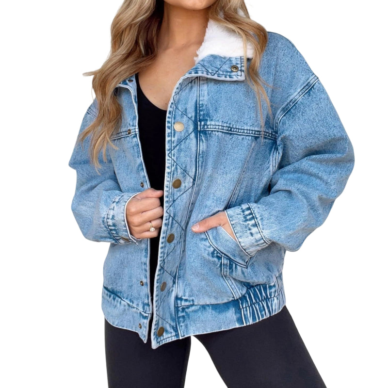 Denim Jacket with Plush Faux Fur Collar for Women