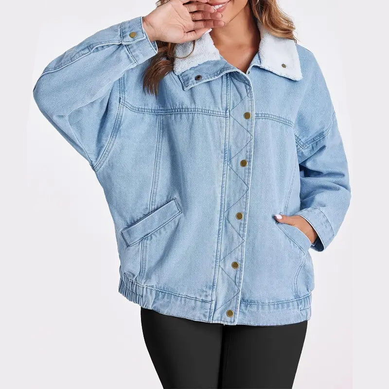 Denim Jacket with Plush Faux Fur Collar for Women