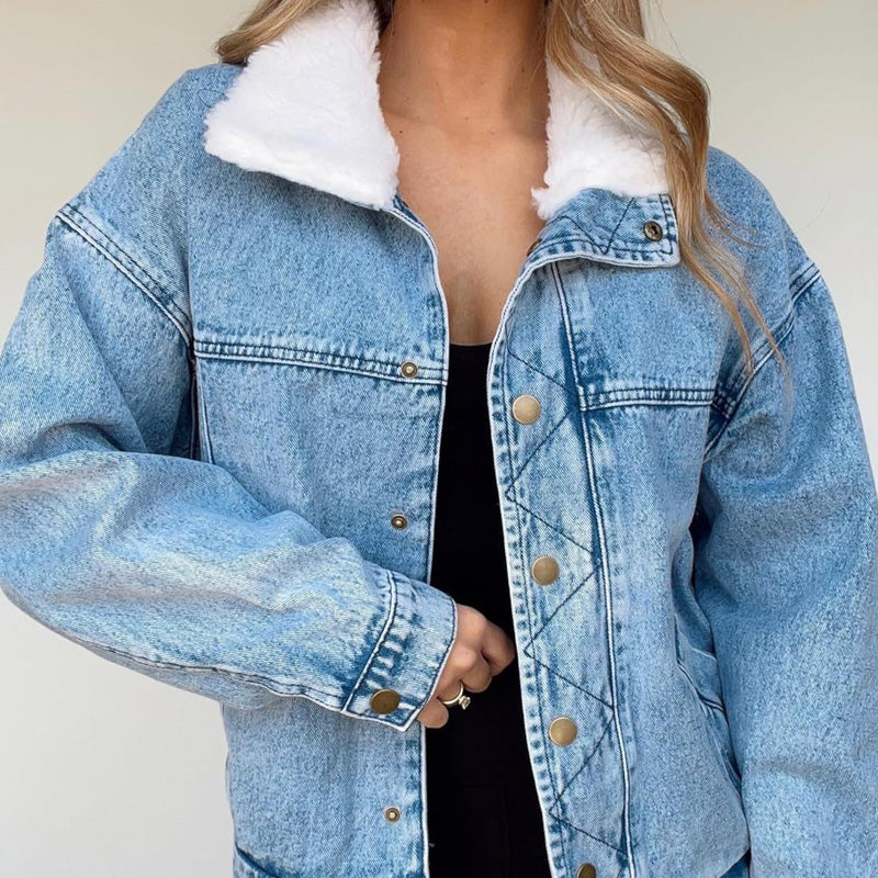 Denim Jacket with Plush Faux Fur Collar for Women