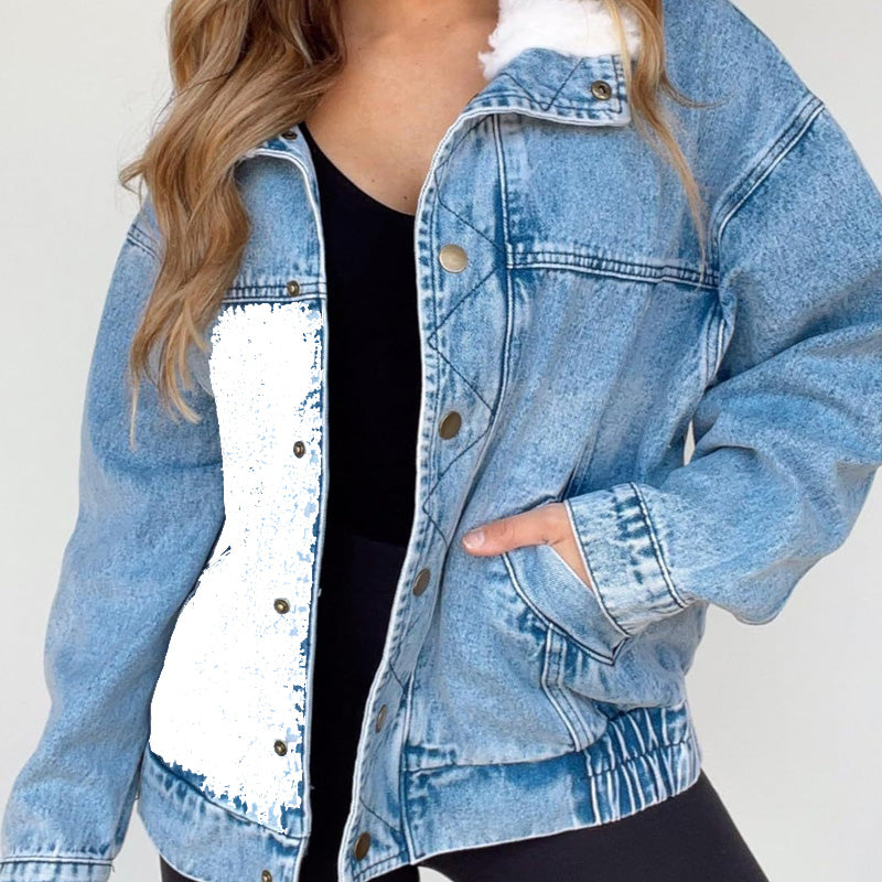 Denim Jacket with Plush Faux Fur Collar for Women