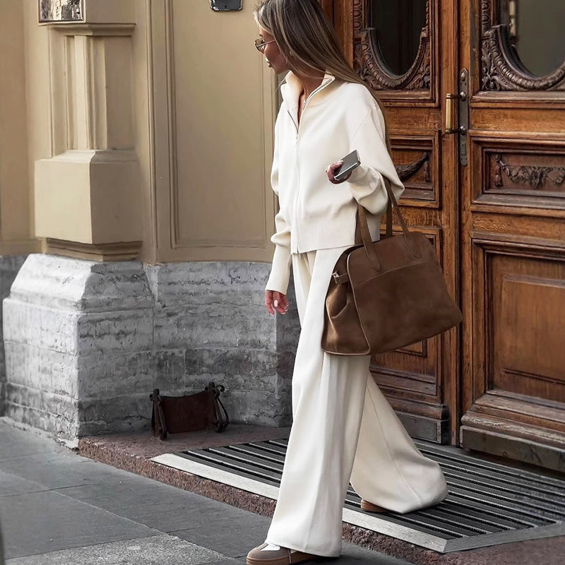 Women's Knitted Slim-Fit Zip-Up Top & Wide-Leg Pants Set