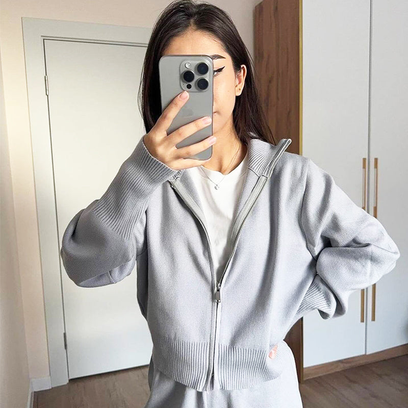 Women's Knitted Slim-Fit Zip-Up Top & Wide-Leg Pants Set