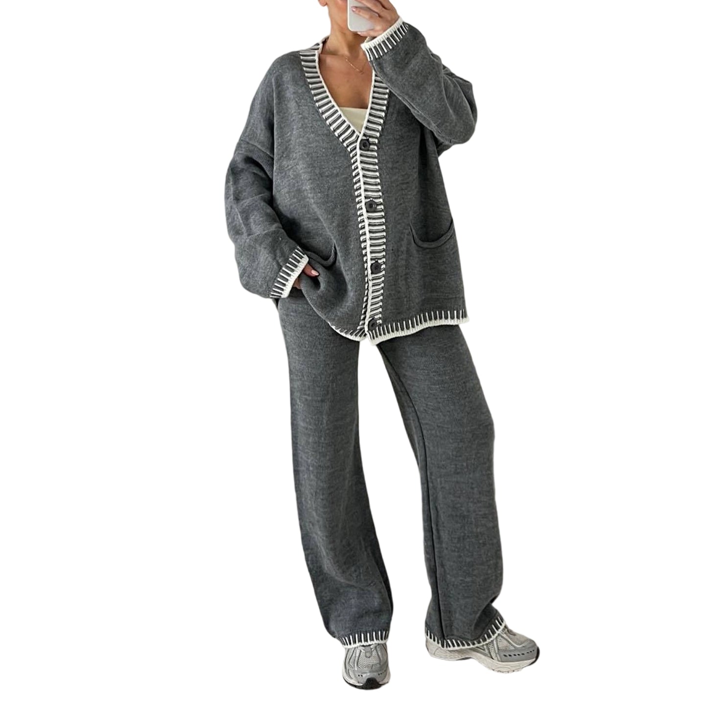 Women’s Stylish Knit Cardigan & Wide Leg Pants 2-Piece Set