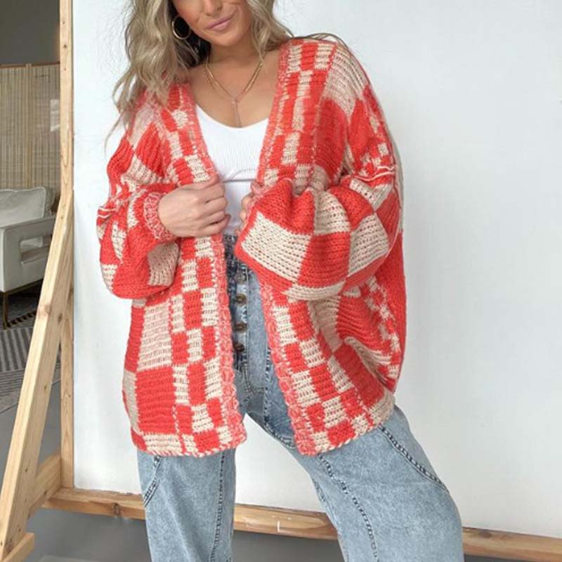 Women's Checkered Open Front Cardigan