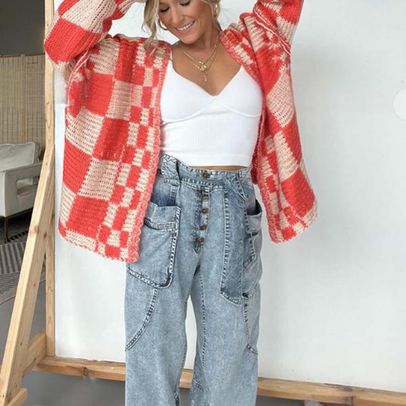 Women's Checkered Open Front Cardigan