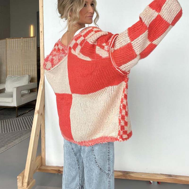 Women's Checkered Open Front Cardigan
