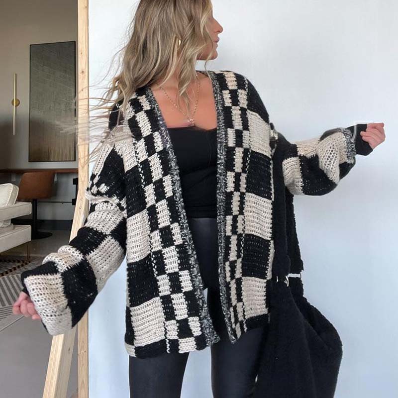 Women's Checkered Open Front Cardigan