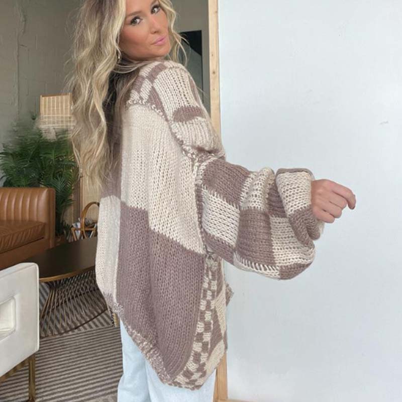 Women's Checkered Open Front Cardigan